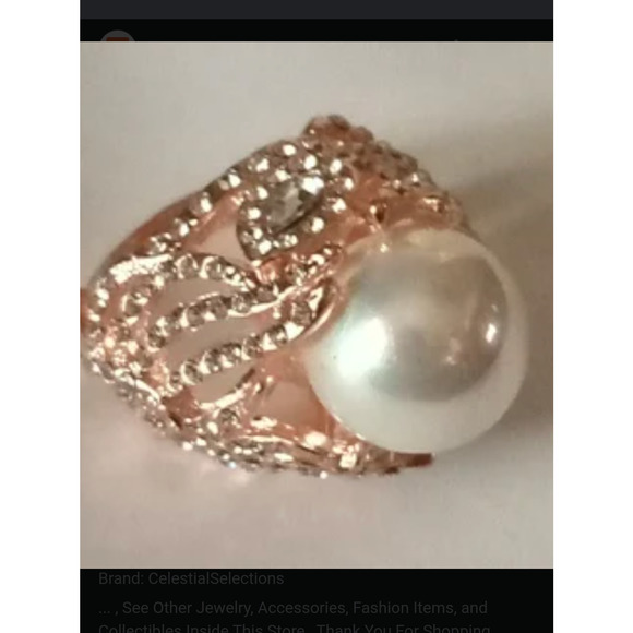 NIB Sz 9 Rose Gold Diamond Rhinestone & Pearl Cocktail Statement Ring - Picture 5 of 6